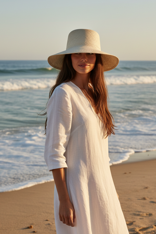 Beige straw bucket hat on a white background