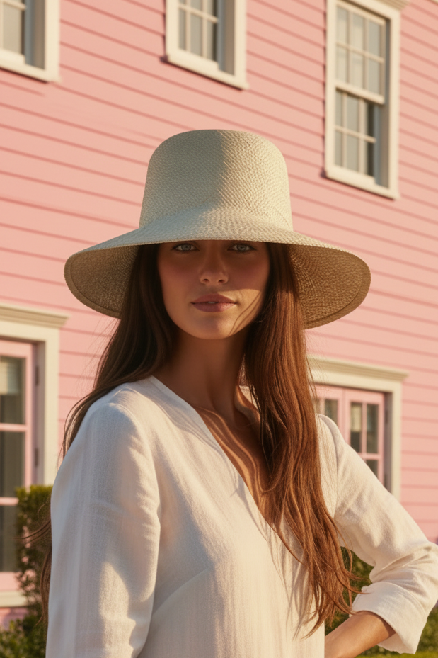 Woman in a white dress and hat standing in front of a pink building.