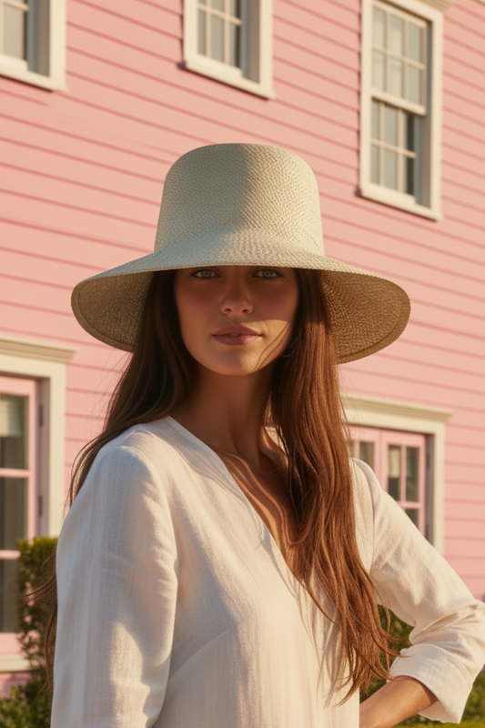 Woman in a white dress and hat standing in front of a pink building.